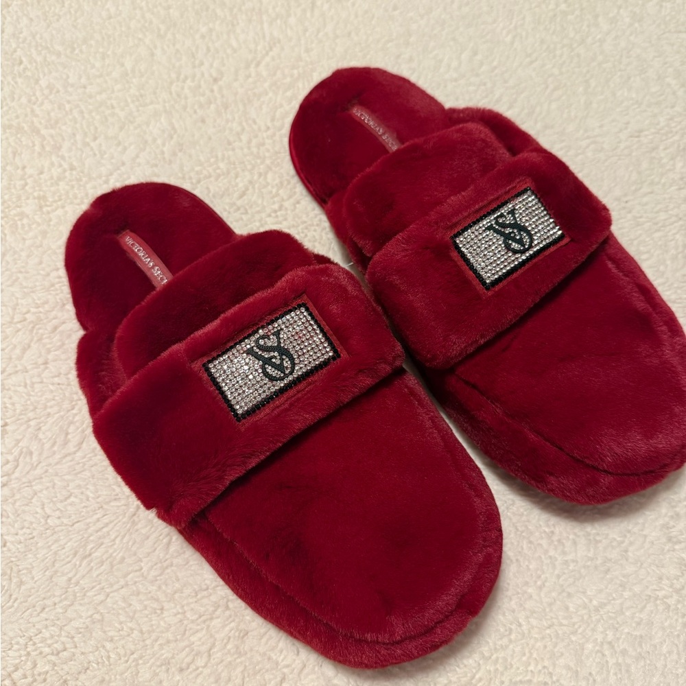 Very cute and soft burgundy VS slippers with bling logo.